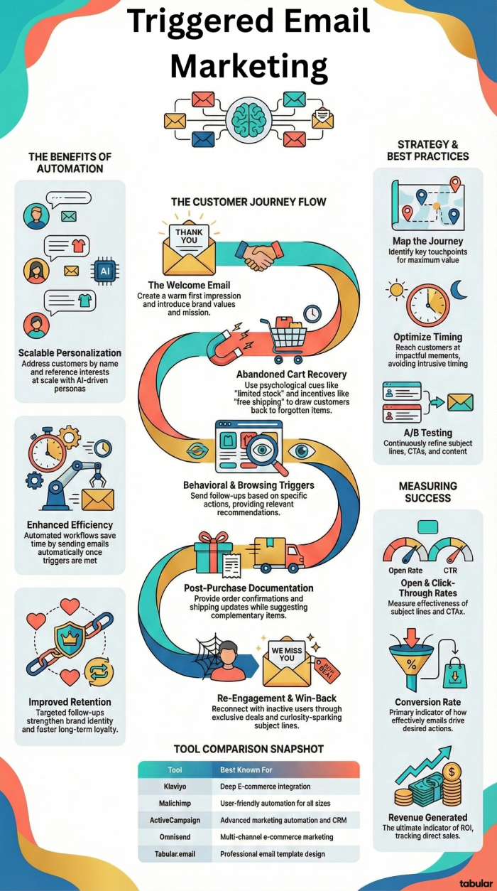 Infographic titled 'Triggered Email Marketing' detailing the customer journey flow: welcome emails, abandoned cart recovery, behavioral triggers, post-purchase documentation, and win-back campaigns. It includes benefits of automation, strategy best practices like A/B testing, measuring success metrics, and a comparison of tools like Klaviyo, Mailchimp, and ActiveCampaign.